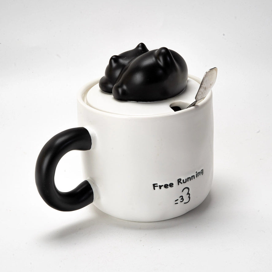 Black Cat Mug With Lid And Spoon 13 oz