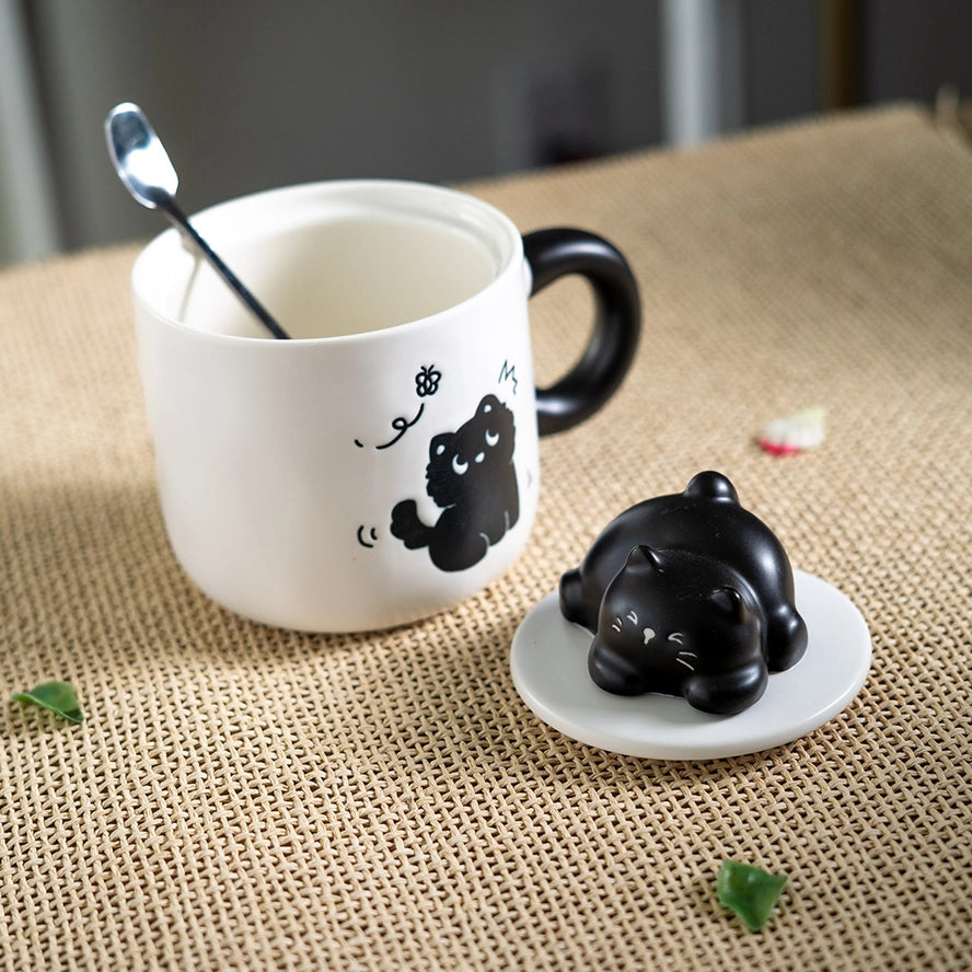 Black Cat Mug With Lid And Spoon 13 oz