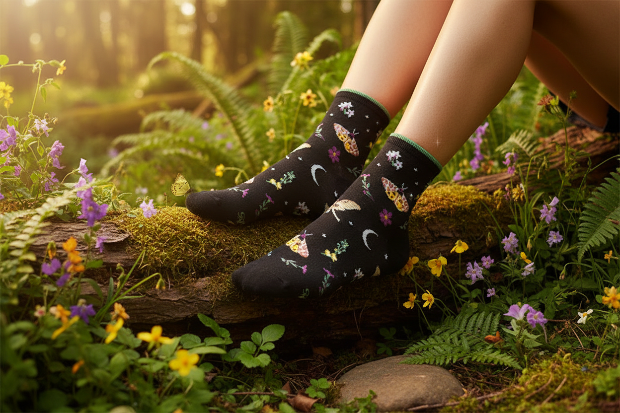 Botanical Moths Women's Mini Crew Socks Black