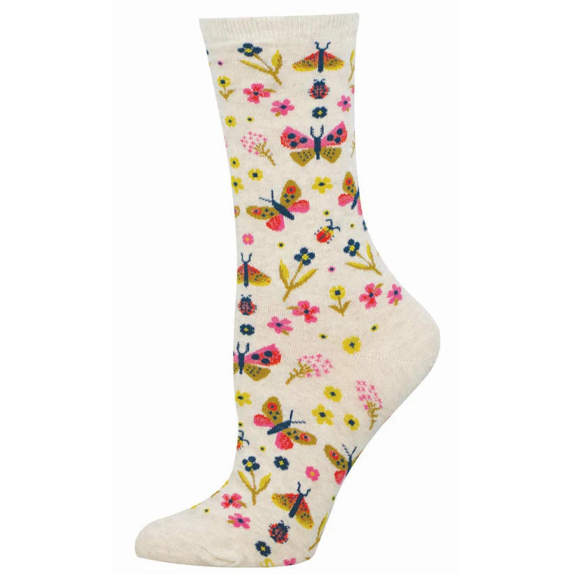 Butterfly Floral Women's Crew Socks Ivory Heather