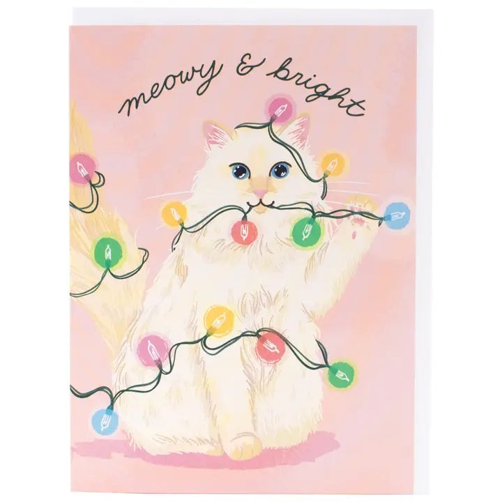 Card Meowy And Bright Fluffy Cat & Twinkle Lights Christmas