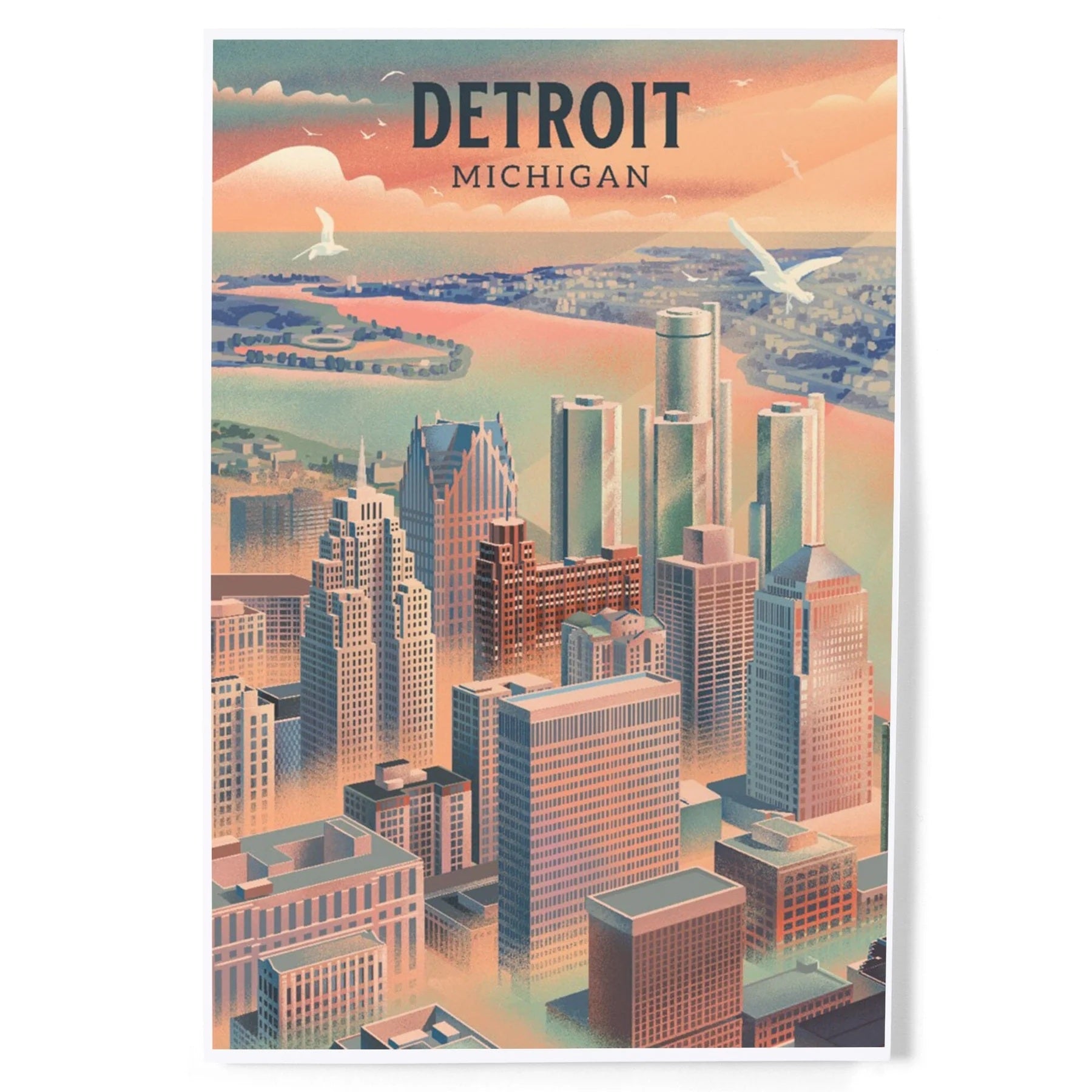 Detroit Michigan Art Print Lithograph 12"x18"