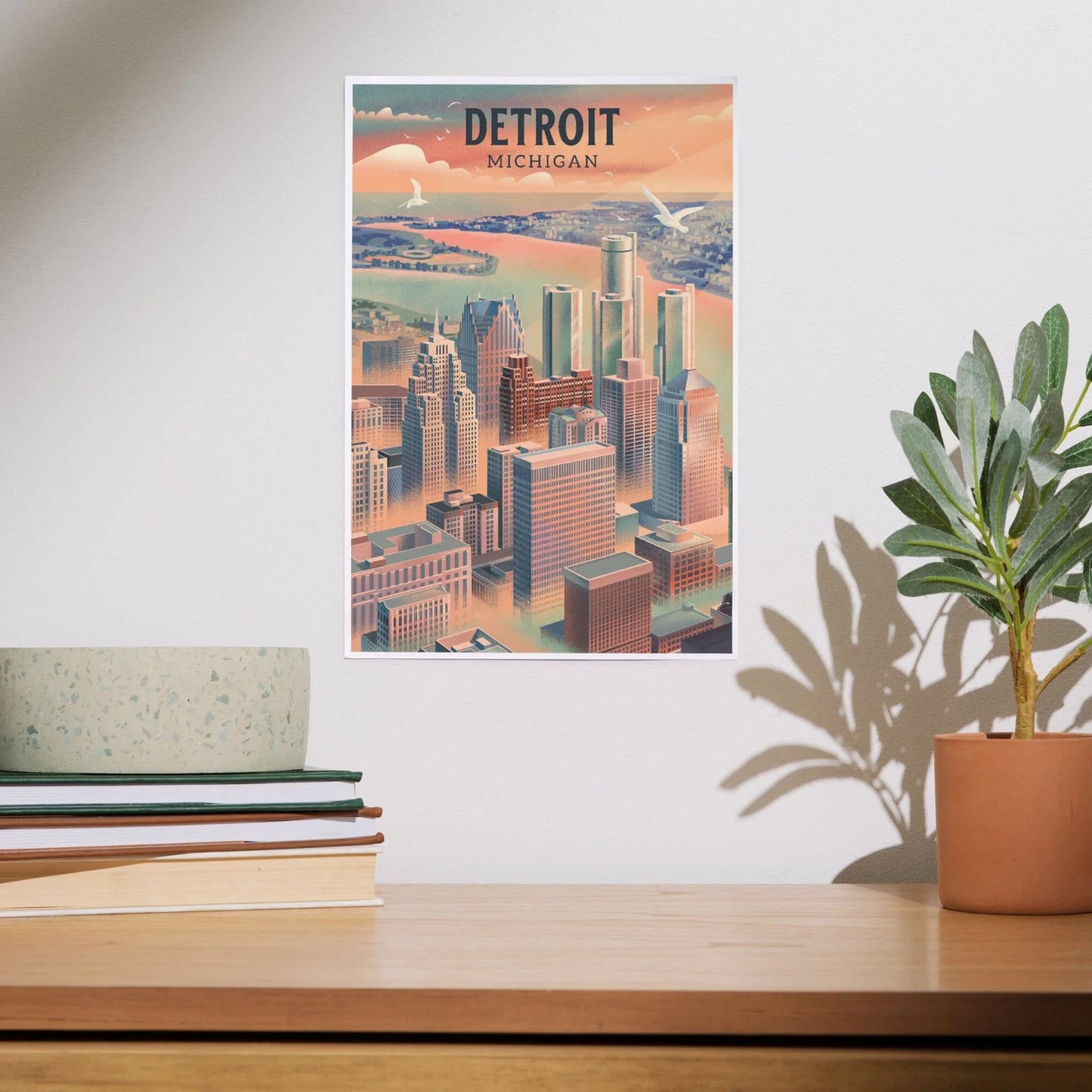 Detroit Michigan Art Print Lithograph 12"x18"
