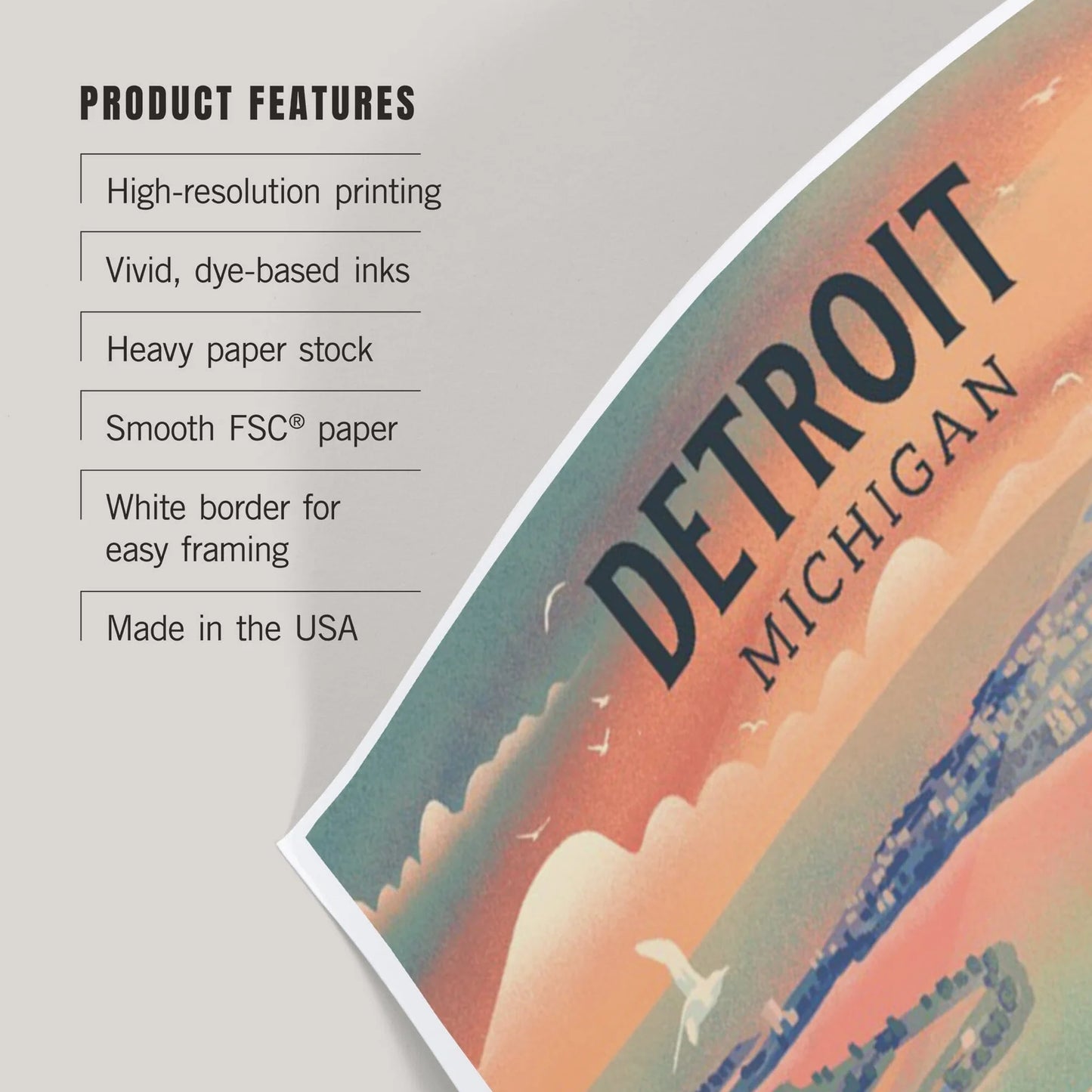Detroit Michigan Art Print Lithograph 12"x18"