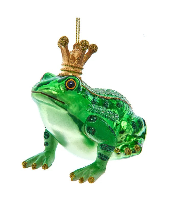 Frog With Crown Glass Ornament 3"