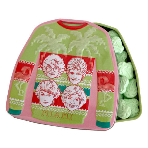Golden Girls Holiday Sweater Green Apple Sours Palm Tree Candy Tin Christmas