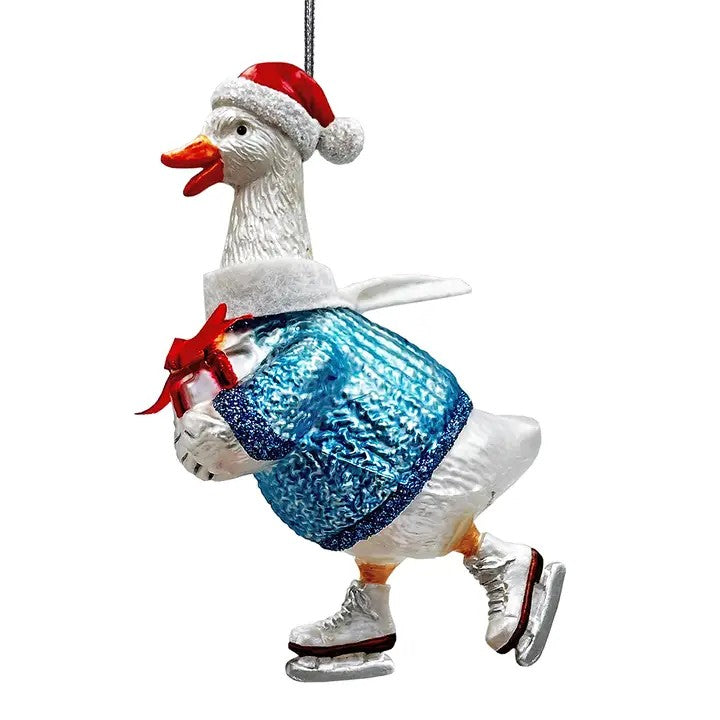 Goose In Skates Glass Ornament