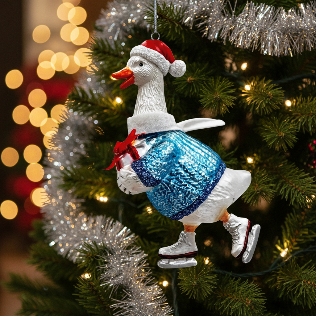 Goose In Skates Glass Ornament