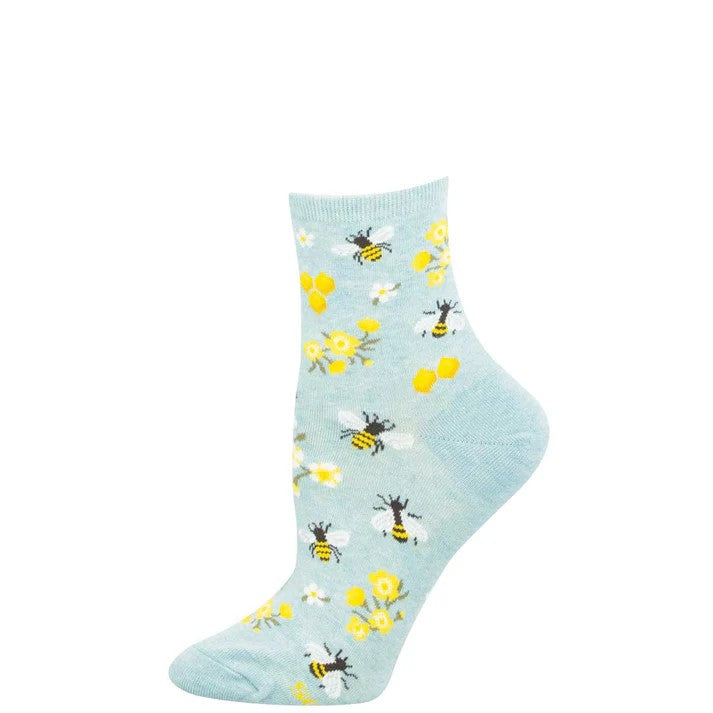 Honeybee Floral Women's Mini Crew Socks Blue Heather