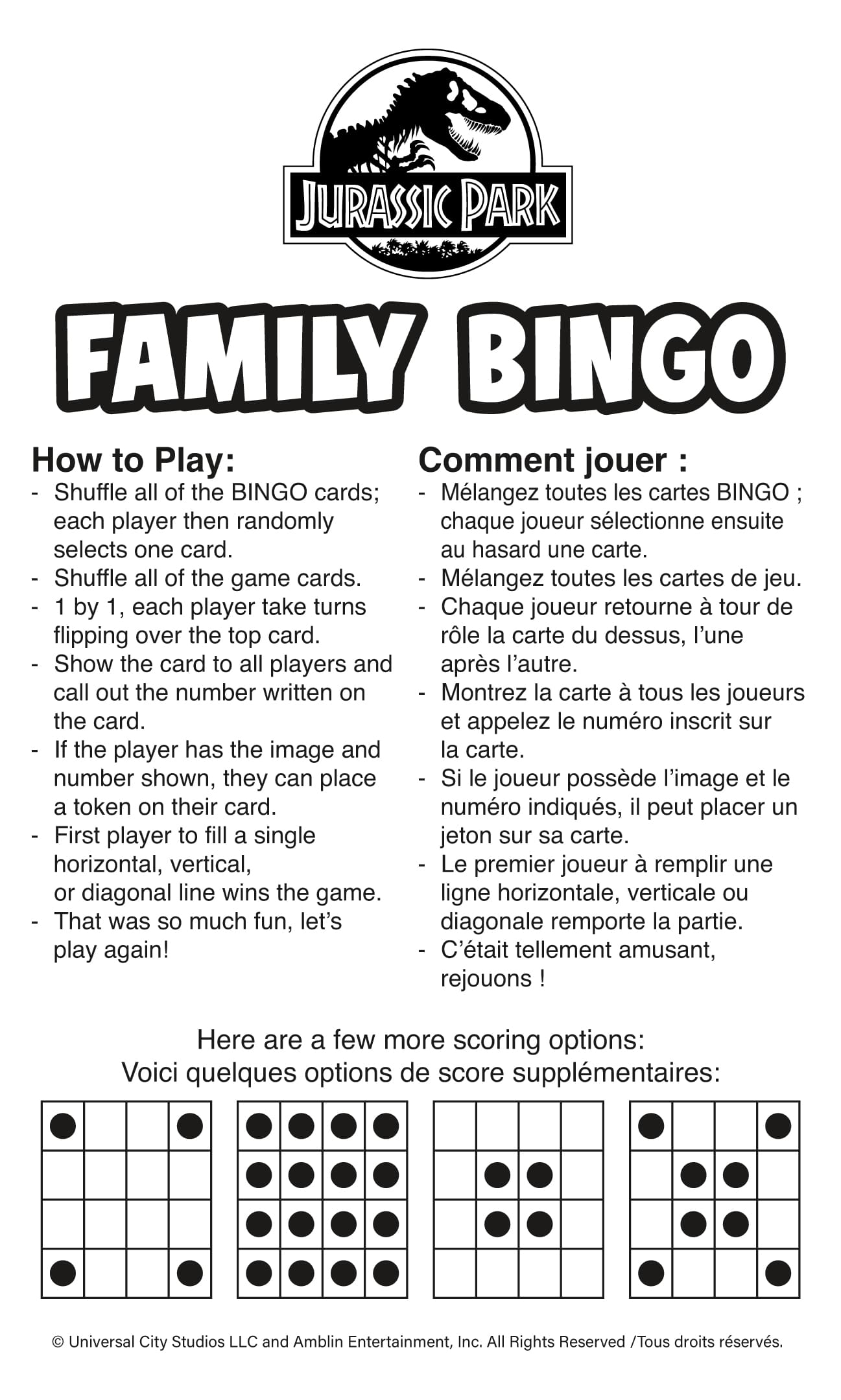 Jurassic Park Family Bingo