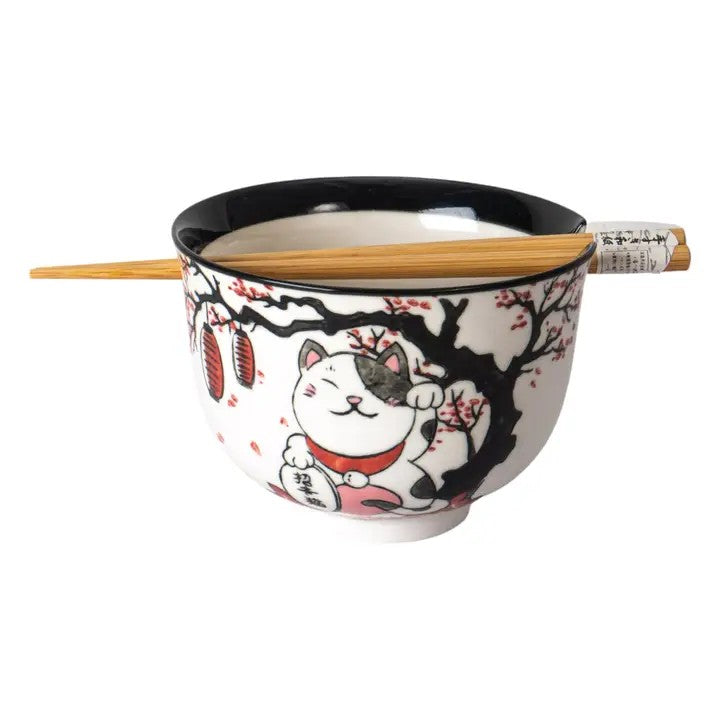 Lucky Cat Bowl With Chopsticks