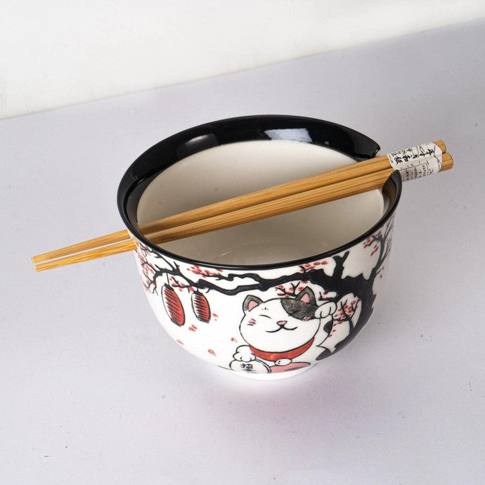 Lucky Cat Bowl With Chopsticks