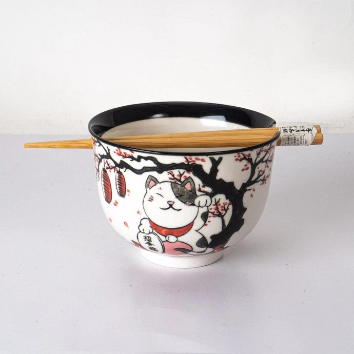 Lucky Cat Bowl With Chopsticks