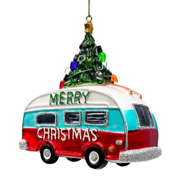 Merry Christmas Camping RV Glass Ornament
