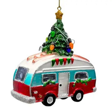 Merry Christmas Camping RV Glass Ornament