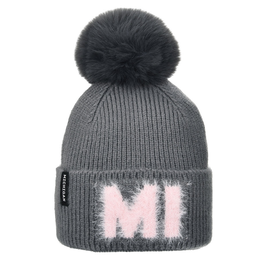 Michigan Gray Fuzzy Letters Pom Hat