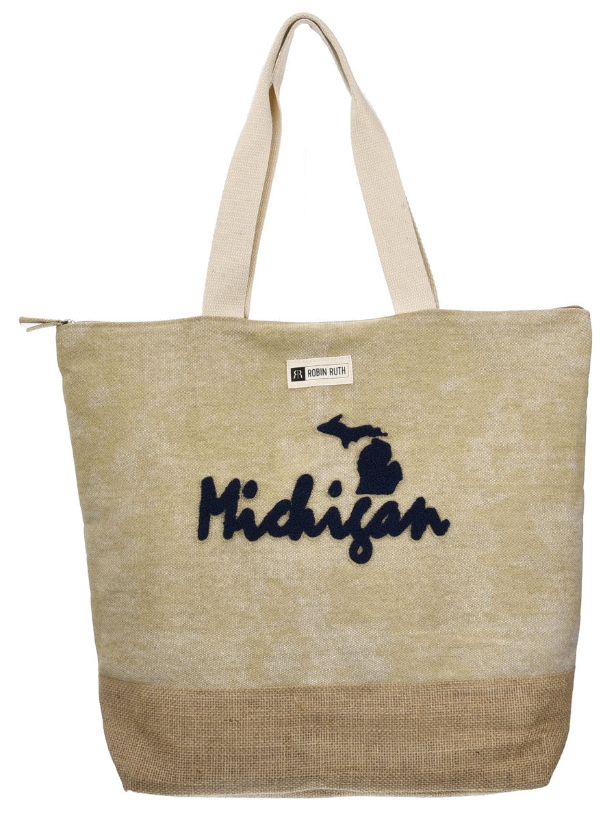 Michigan Map Embroidery Beach Bag