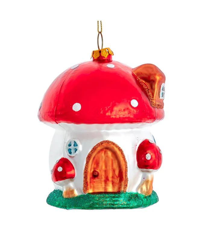 Mushroom House Glass Ornament