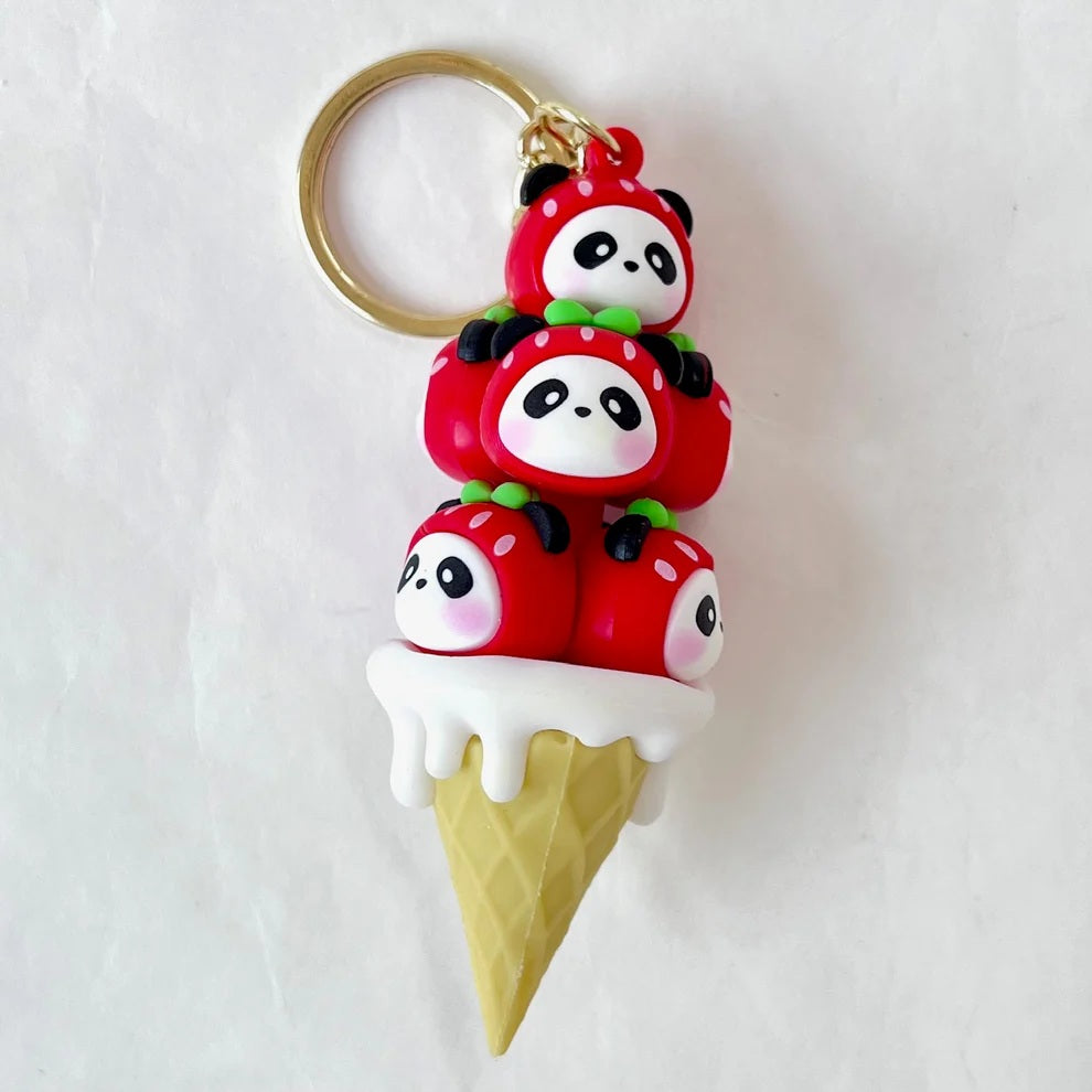 Panda Strawberry Ice Cream Cone Keychain
