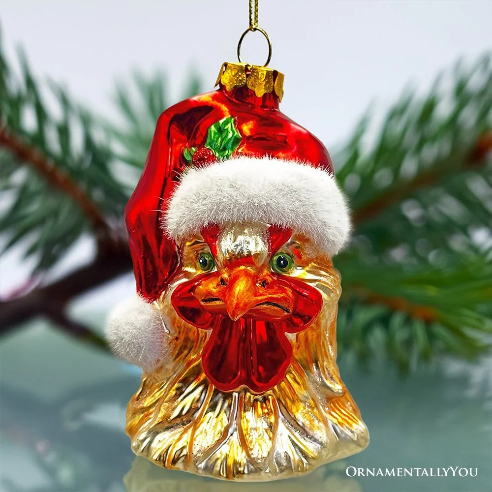 Rooster With Santa Hat Glass Ornament