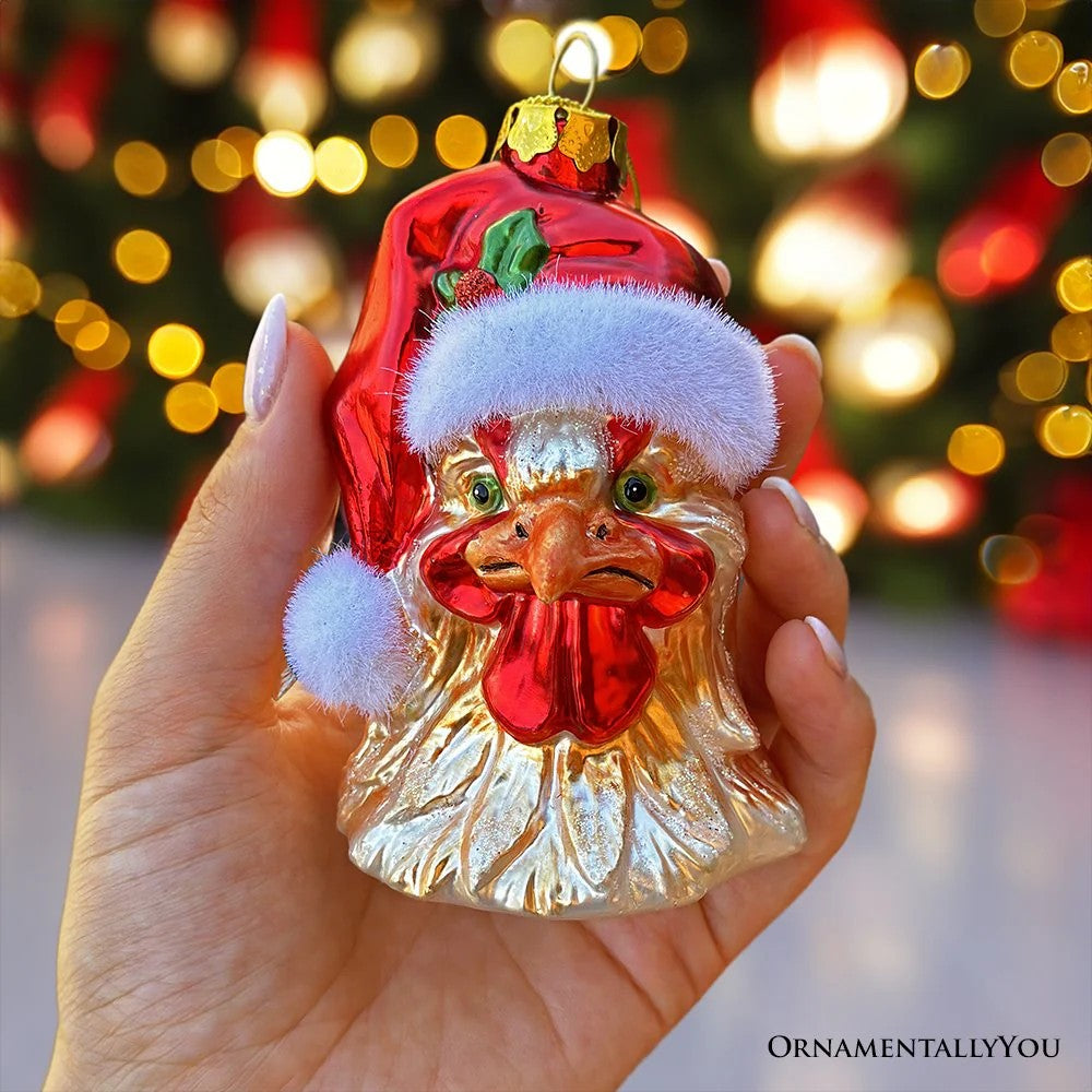 Rooster With Santa Hat Glass Ornament
