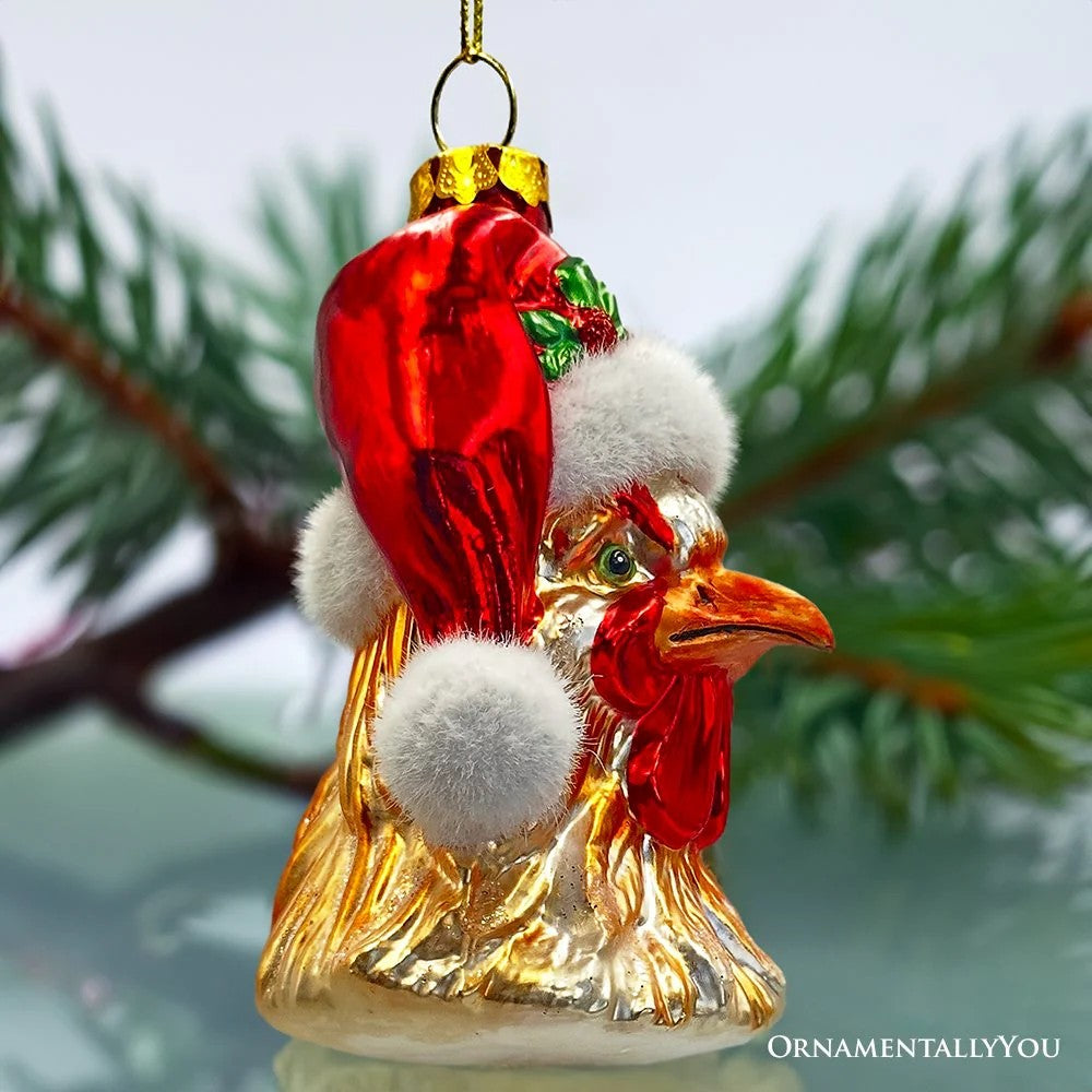 Rooster With Santa Hat Glass Ornament