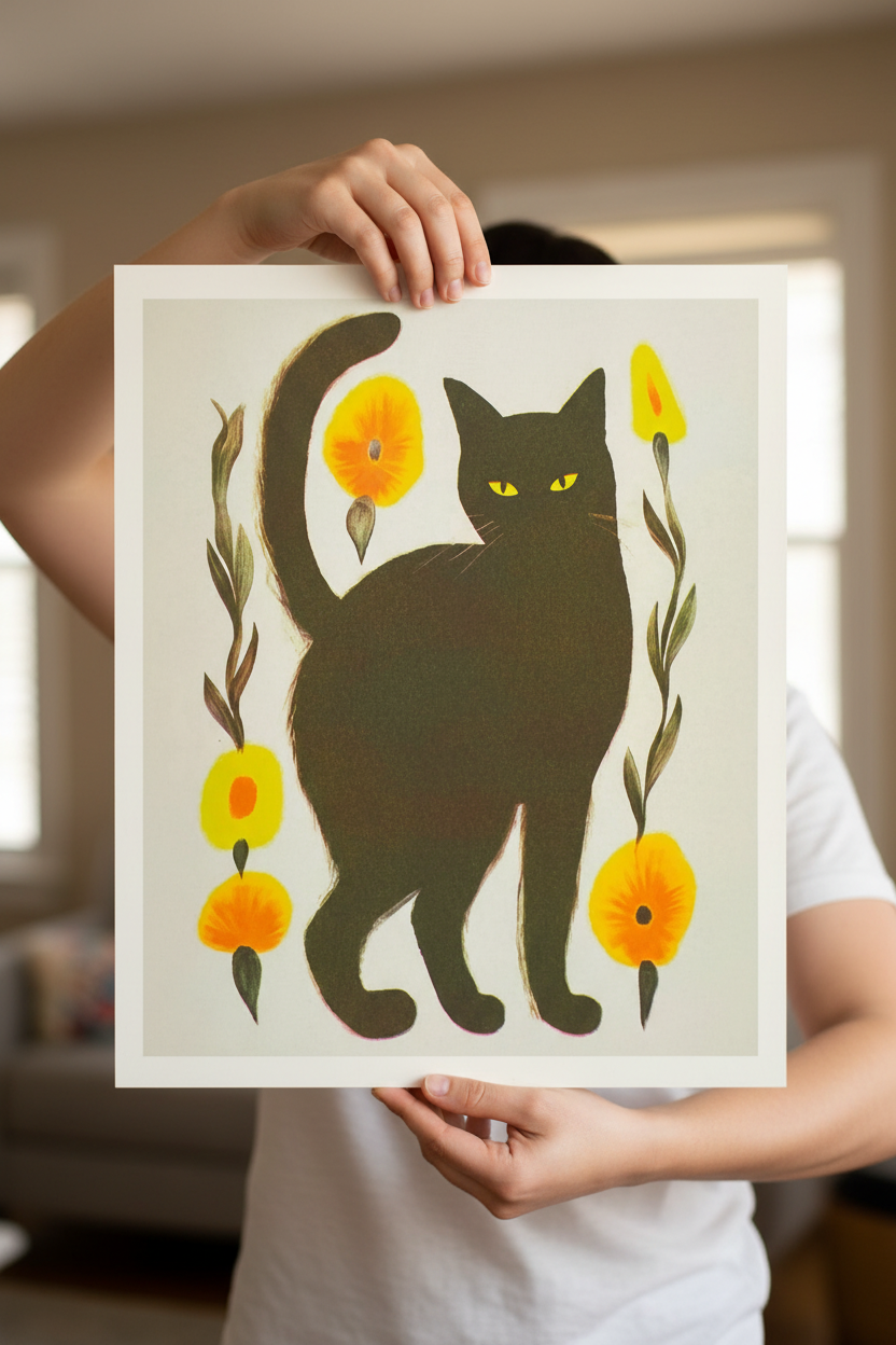 Black Cat Risograph Print 10 x 12