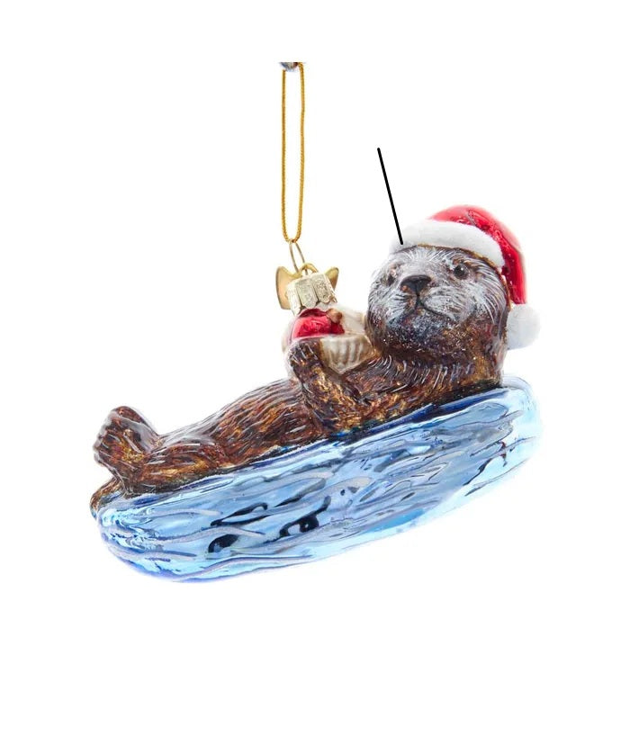 Sea Otter With Santa Hat Glass Ornament 4"