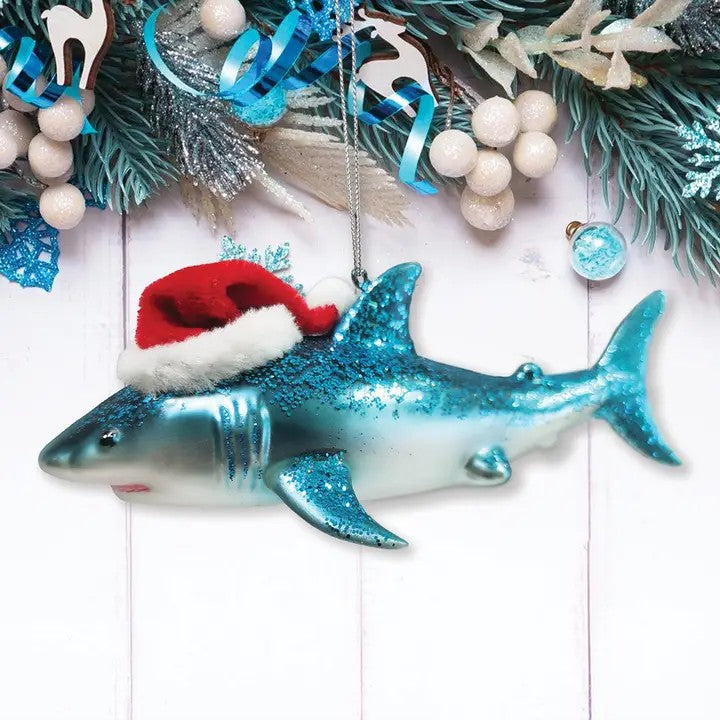 Shark With Santa Hat Glass Ornament