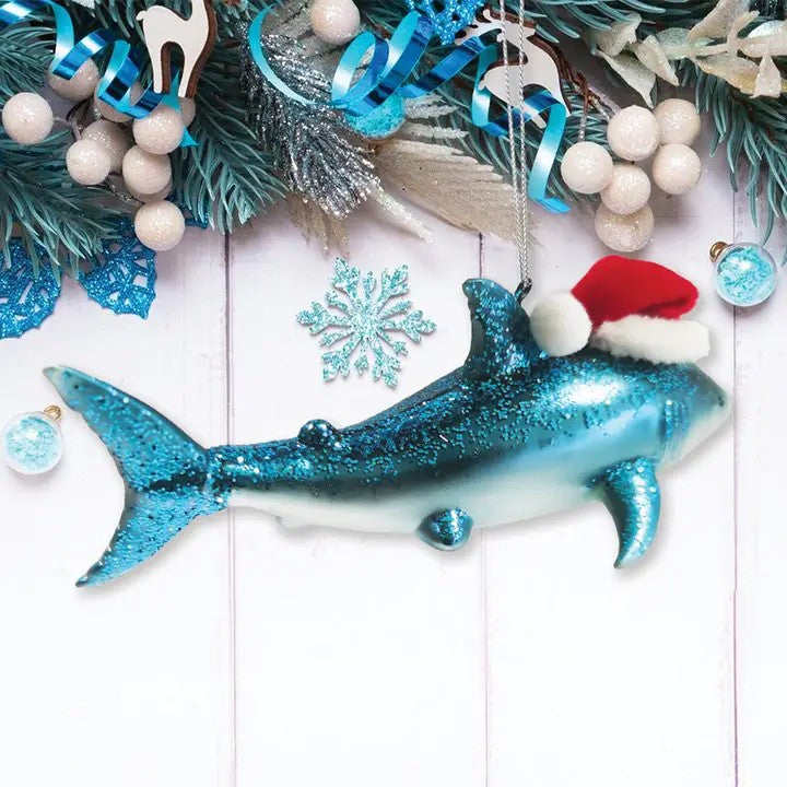 Shark With Santa Hat Glass Ornament