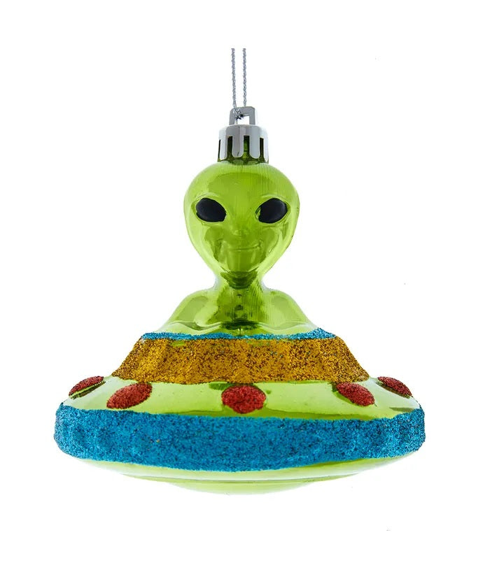 Shatterproof Alien With UFO Ornament 3.5"