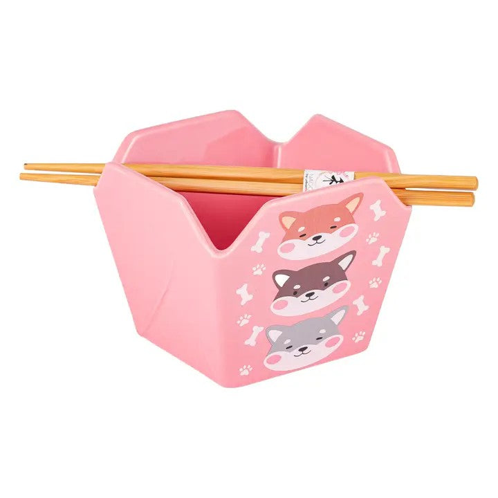 Shiba Inu Pink Serving Bowl With Chopsticks