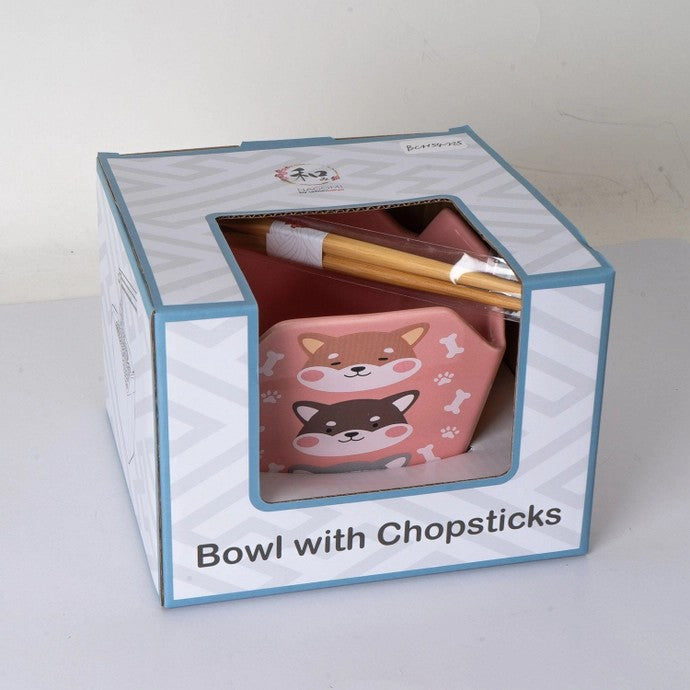 Shiba Inu Pink Serving Bowl With Chopsticks
