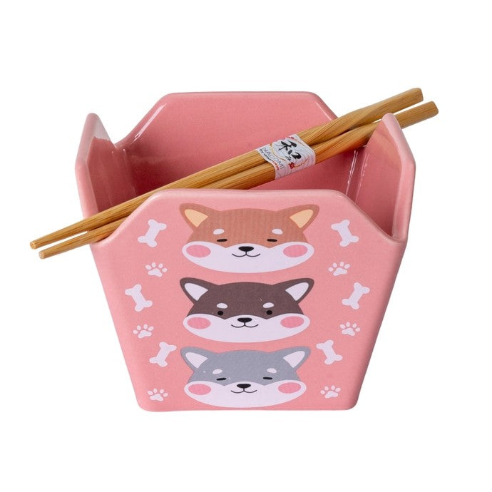 Shiba Inu Pink Serving Bowl With Chopsticks