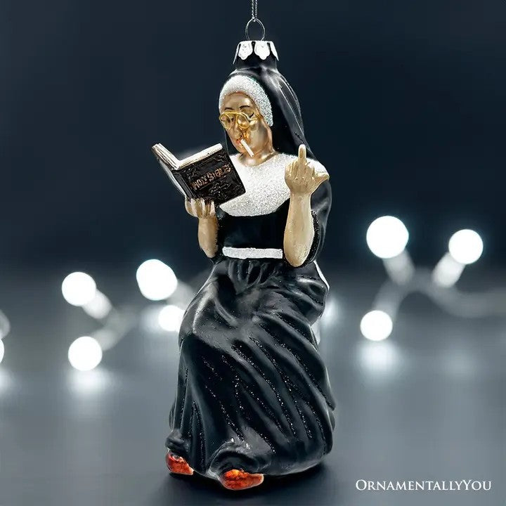 Smoking Nun Glass Ornament