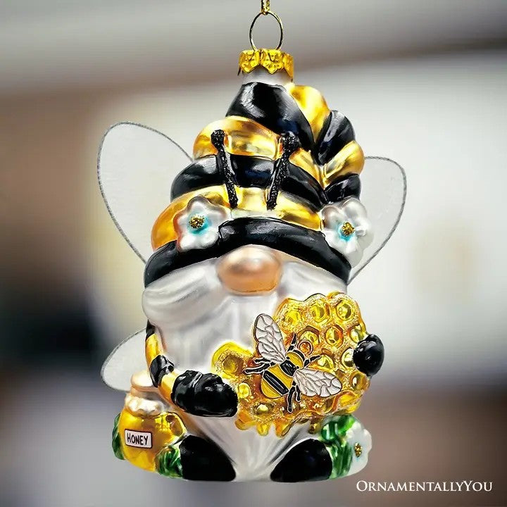 Sparkling Bee Gnome Glass Ornament
