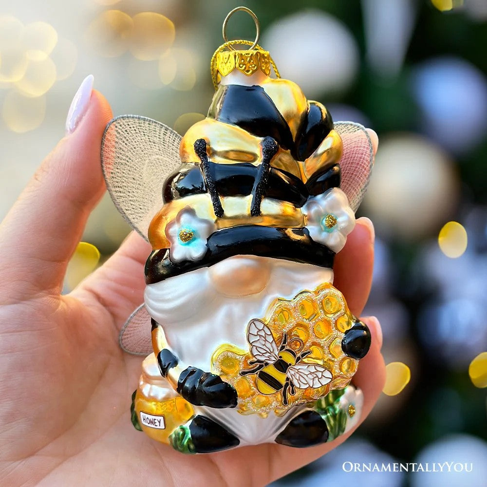 Sparkling Bee Gnome Glass Ornament