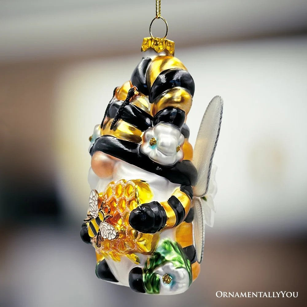 Sparkling Bee Gnome Glass Ornament