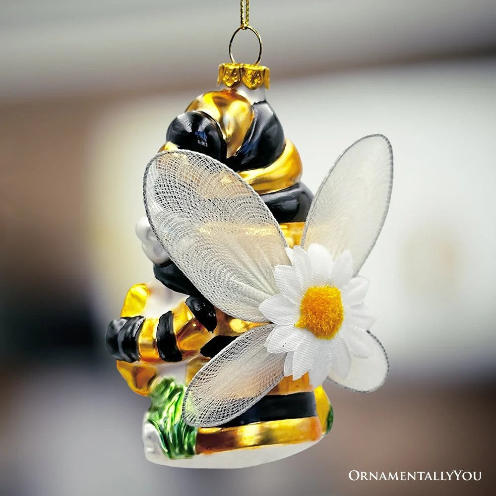 Sparkling Bee Gnome Glass Ornament