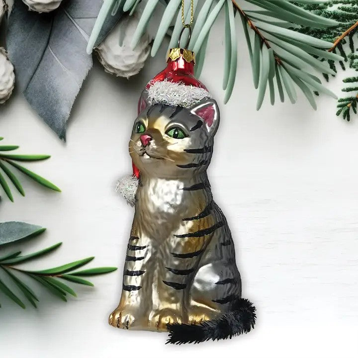 Tabby Cat With Santa Hat Glass Ornament