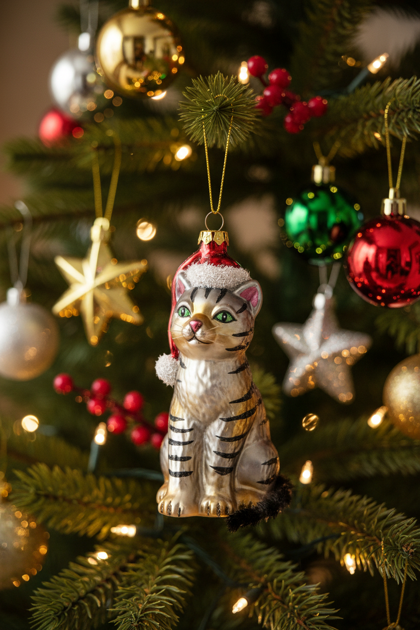 Tabby Cat With Santa Hat Glass Ornament