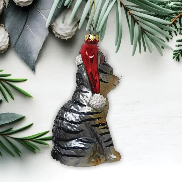 Tabby Cat With Santa Hat Glass Ornament