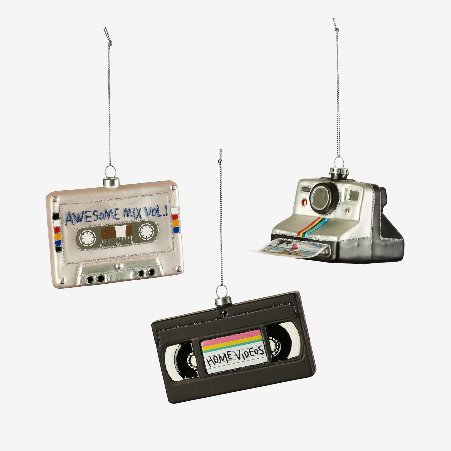 VHS, Cassette Mix Tape, Polaroid Assorted Glass Ornament