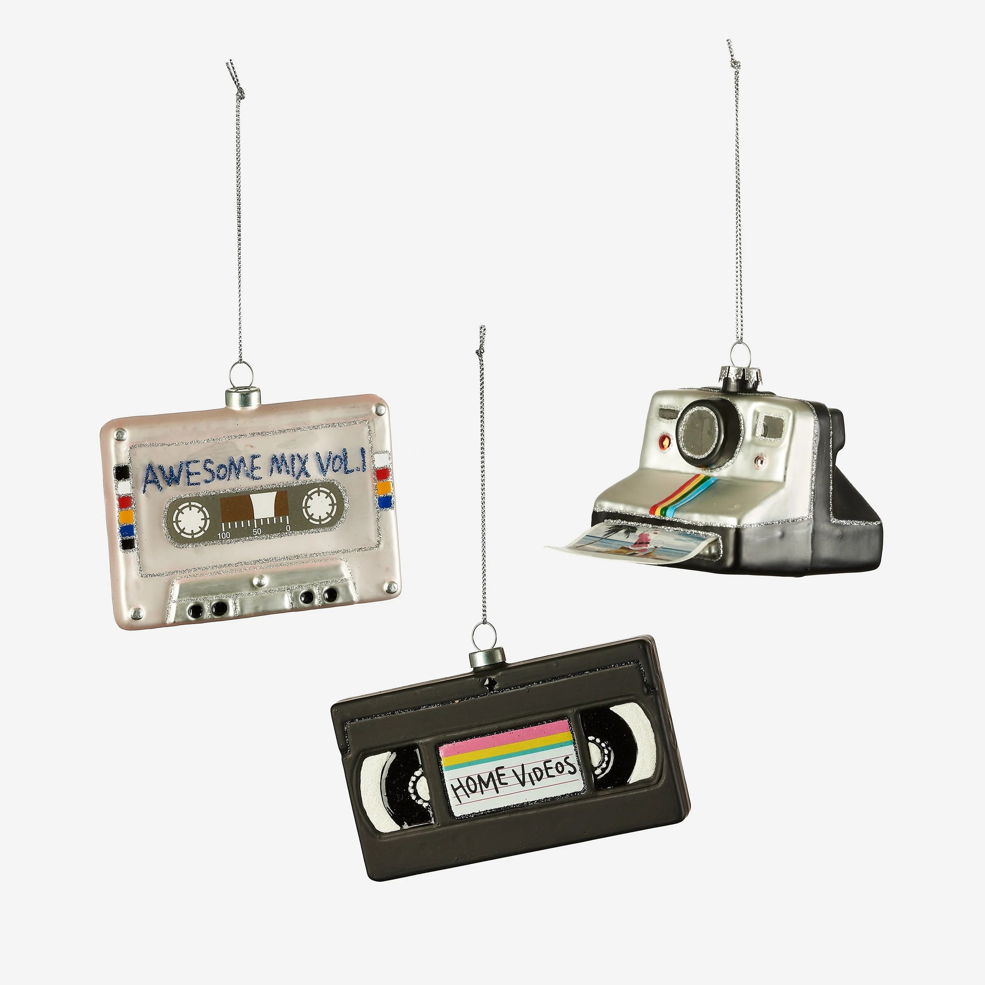 VHS, Cassette Mix Tape, Polaroid Assorted Glass Ornament