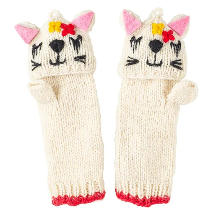 Wool Arm Warmers Cat Mittens White