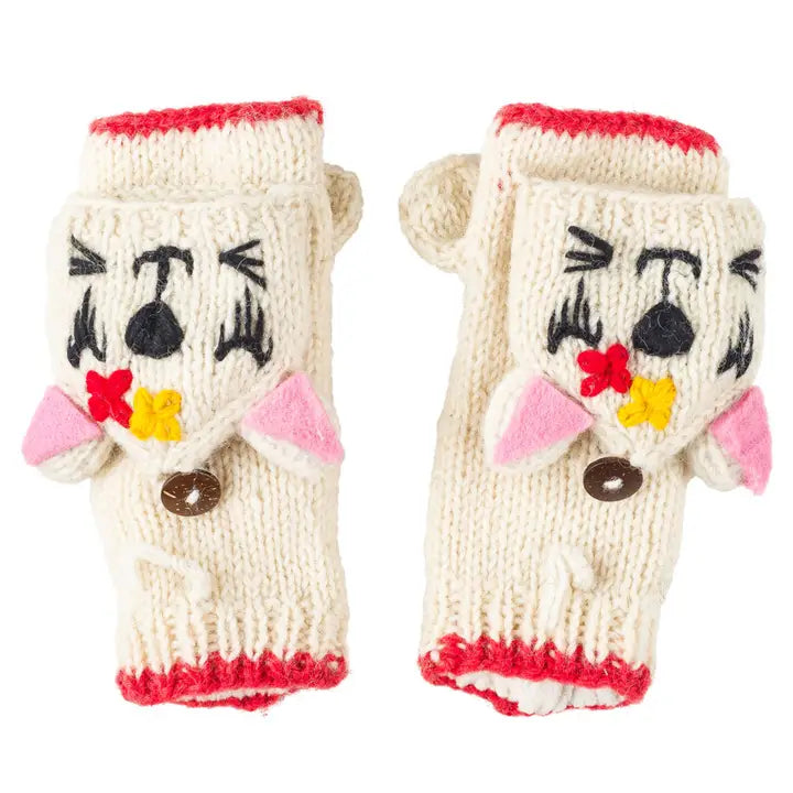Wool Arm Warmers Cat Mittens White