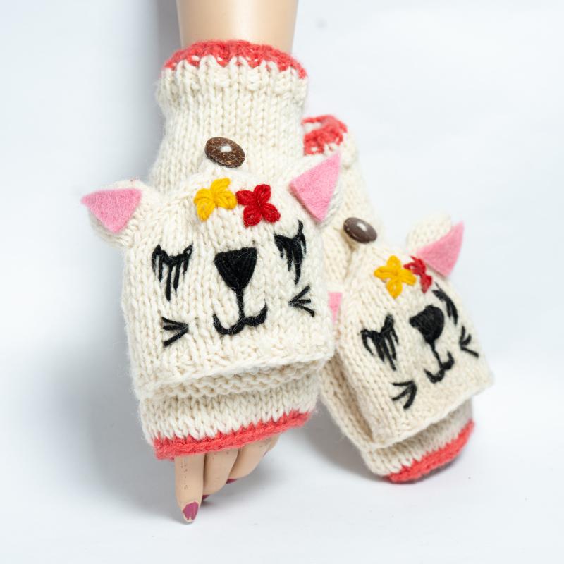 Wool Arm Warmers Cat Mittens White