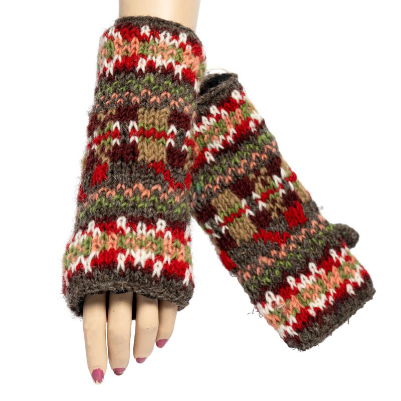 Wool Arm Warmers Gray Taupe Red Olive Pattern