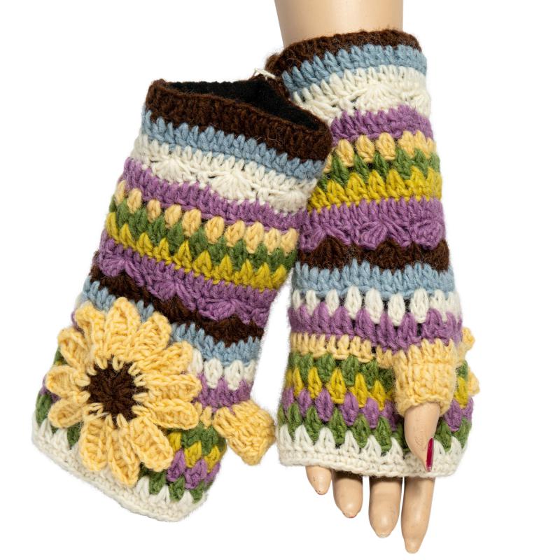 Wool Flower Fingerless Gloves Multicolor