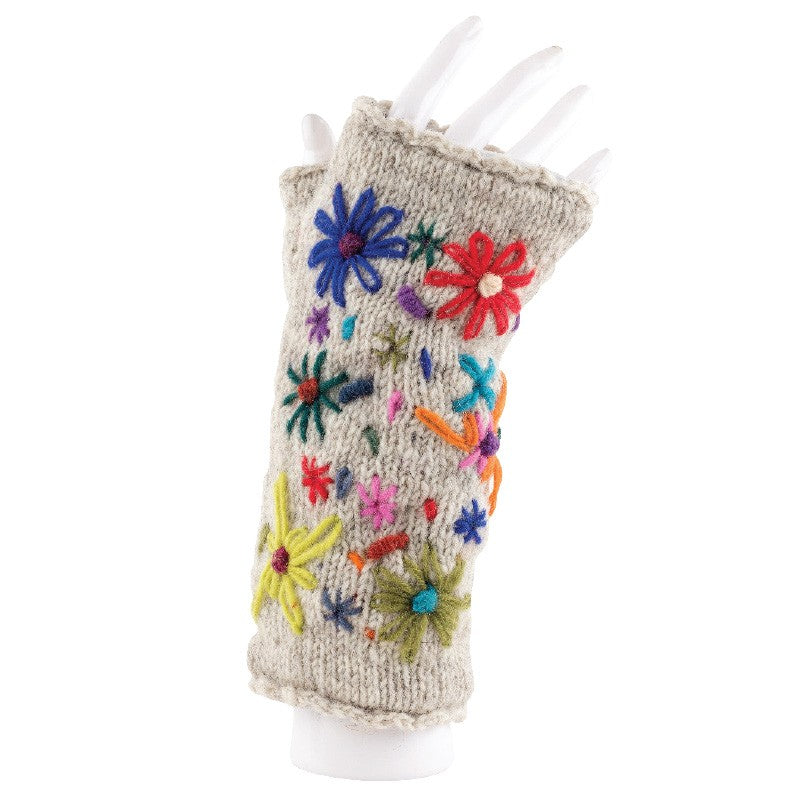 Wool Hand Warmers Off White With Flowers